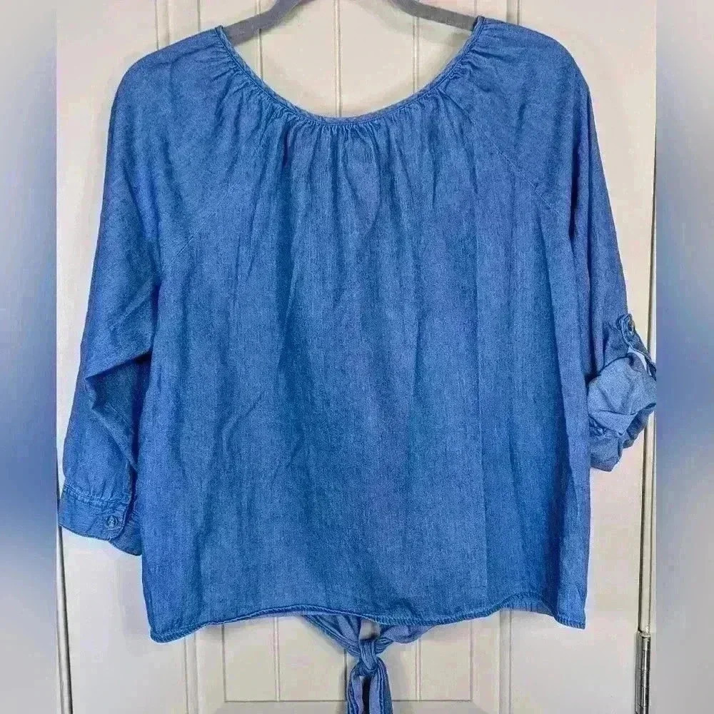 K.I.T Tie Front 100% Cotton Chambray Top Indigo Roll Tab Long Sleeves XL - Picture 3 of 9